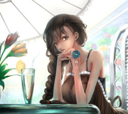 Rule 34 | 1girl, bad id, bad pixiv id, bare shoulders, bow, braid, breasts, brown eyes, brown hair, camisole, collarbone, cup, drinking glass, drinking straw, earrings, flower, food, frills, fruit, hair tie, head rest, highres, indoors, interlocked fingers, jewelry, kikivi, lemon, lemon slice, long hair, looking at viewer, mole, mole under eye, original, pov across table, solo, spaghetti strap, table, taut clothes, tulip