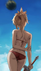Rule 34 | 1girl, arms behind back, ass, bad id, bad twitter id, bikini, blonde hair, blue sky, cloud, day, duplicate, fate/apocrypha, fate (series), food, from behind, fruit, halterneck, highres, holding, holding sword, holding weapon, mordred (fate), mordred (fate/apocrypha), mordred (swimsuit rider) (first ascension) (fate), narrow waist, outdoors, ponytail, red bikini, short hair, sky, solo, string bikini, suikawari, swimsuit, sword, tonee, watermelon, weapon