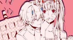 Rule 34 | 10s, 1boy, 1girl, bandaid, bandaid on face, blue horns, breasts, chenaze57, cleavage, closed eyes, collarbone, commentary request, couple, darling in the franxx, dress, finger in another&#039;s mouth, food, hair ornament, hetero, hiro (darling in the franxx), holding, holding food, horns, long hair, long sleeves, military, military uniform, monochrome, oni horns, pink theme, red horns, short hair, twintails, uniform, zero two (darling in the franxx)