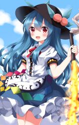 Rule 34 | 1girl, :d, blue hair, blue sky, blush, cloud, day, hair between eyes, hat, highres, hinanawi tenshi, holding, holding sword, holding weapon, long hair, looking at viewer, open mouth, outdoors, peach hat ornament, petticoat, red eyes, ruu (tksymkw), shirt, sky, smile, solo, sword, sword of hisou, touhou, very long hair, weapon, white shirt, wing collar