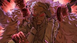 1boy blonde_hair coat distress donquixote_doflamingo food hands_on_own_face highres male_focus meat muscular muscular_male one_piece open_clothes open_shirt pink_coat scared shirt short_hair skewer solo sunglasses sweat tentaro_en white_shirt