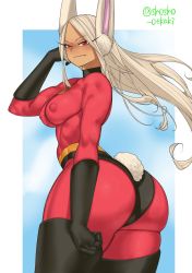 Rule 34 | 1girl, animal ears, artist name, ass, black gloves, black thighhighs, bodysuit, boku no hero academia, boots, breasts, cosplay, covered erect nipples, crossover, elastigirl (cosplay), fang, female focus, gloves, highres, huge ass, long hair, looking at viewer, medium breasts, mirko, rabbit ears, rabbit girl, rabbit tail, red bodysuit, red eyes, shosho oekaki, skin tight, smile, solo, tail, the incredibles, thigh boots, thighhighs, twitter username, white hair, wide hips
