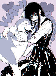 Rule 34 | 1girl, ^ ^, angry, animal, animal hug, black dress, black hair, chainsaw man, closed eyes, collared shirt, commentary, cowboy shot, dog, dress, english commentary, film grain, fourth east high school uniform, heart, high contrast, highres, hug, husky, long hair, long sleeves, looking at viewer, multiple monochrome, open mouth, pinafore dress, scar, scar on face, school uniform, shirt, sidelocks, sleeveless, sleeveless dress, sumustard, tongue, tongue out, twitter username, white shirt, yoru (chainsaw man)