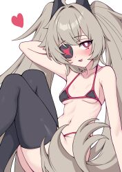 Rule 34 | 1girl, absurdres, arm behind head, bikini, black bikini, black thighhighs, blush, breasts, brown hair, djmax, eyepatch, fail (djmax), heart, highres, knees up, long hair, looking at viewer, metaljelly, micro bikini, open mouth, red eyes, simple background, sitting, small breasts, smile, solo, swimsuit, thighhighs, twintails, very long hair, white background