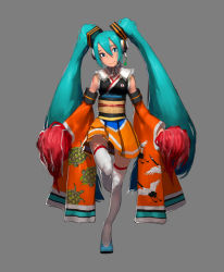 Rule 34 | 1girl, adapted costume, aqua eyes, aqua hair, bare shoulders, detached sleeves, hatsune miku, hone shoukan, japanese clothes, long hair, skirt, solo, thighhighs, twintails, very long hair, vocaloid, white thighhighs