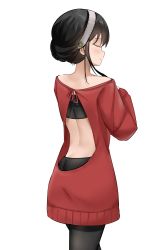Rule 34 | 1girl, absurdres, back, back cutout, bare shoulders, black hair, black pantyhose, closed mouth, clothing cutout, closed eyes, facing away, from behind, hairband, highres, long hair, off-shoulder sweater, off shoulder, pantyhose, ps rinsu, red sweater, sidelocks, simple background, solo, spy x family, sweater, white background, white hairband, yor briar