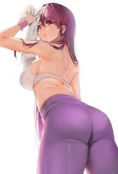 Rule 34 | 1girl, ass, blush, bra, breasts, damda, fate/grand order, fate (series), from below, hair intakes, large breasts, long hair, looking at viewer, pants, parted lips, purple eyes, purple hair, purple pants, scathach (fate), sideboob, sidelocks, simple background, solo, sports bra, sweat, towel, underwear, white background, white bra, wristband