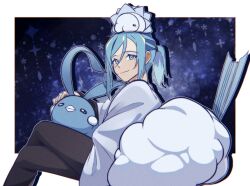 Rule 34 | 1boy, altaria, aqua eyes, aqua hair, blanket, border, closed mouth, commentary request, creatures (company), crossed legs, game freak, gen 3 pokemon, gen 8 pokemon, grusha (pokemon), highres, long sleeves, looking to the side, male focus, mocacoffee 1001, nintendo, on head, outside border, pants, pokemon, pokemon (creature), pokemon on head, pokemon sv, signature, smile, snom, white border