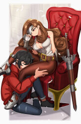 Rule 34 | 1boy, 1girl, absurdres, armor, armored boots, beatrix (ff9), belt, boots, breasts, brown eyes, brown hair, chair, commission, curly hair, eyepatch, final fantasy, final fantasy ix, fingerless gloves, gloves, head between thighs, highres, kiss, kissing thigh, large breasts, leggings, legs, lokigun, pantyhose, sheath, sitting, smile, square enix, sword, thigh grab, thighs, weapon