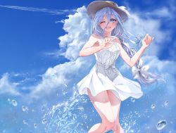 Rule 34 | 1girl, :d, ;d, armpits, bare legs, bare shoulders, blue eyes, blue hair, blue sky, braid, breasts, cloud, cloudy sky, date a live, day, dress, hair between eyes, hair ribbon, hands up, hat, hat ribbon, highres, long hair, looking at viewer, medium breasts, mikaisha, one eye closed, open mouth, outdoors, ribbon, silver hair, sky, smile, solo, splashing, straw hat, sundress, takamiya mio, teeth, upper teeth only, very long hair, water, white dress, white ribbon