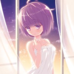 Rule 34 | 1girl, ahoge, bare shoulders, blunt bangs, blush, bow, breasts, camisole, choker, cleavage, cloud, collarbone, curtains, dress, espoir, eyebrows, eyes visible through hair, looking at viewer, maron (1212ama), purple eyes, purple hair, short hair, sky, smile, solo, sound voltex, star (sky), starry sky, upper body, white bow, white dress, window