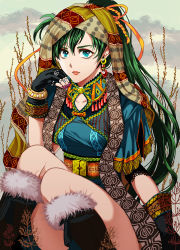Rule 34 | 1girl, blue eyes, boots, bracelet, closed mouth, earrings, eyeshadow, fingerless gloves, fire emblem, fire emblem: the blazing blade, fur trim, fur trimmed boots, gloves, green hair, head scarf, high ponytail, jewelry, lipstick, long hair, looking at viewer, lyn (fire emblem), makeup, nail polish, nintendo, purple nails, ring, scarf, solo, tribal, tsuko (25mnts)