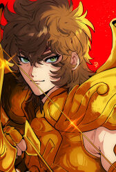 Rule 34 | 1boy, armor, arrow (projectile), bow (weapon), brown hair, drawing bow, gauntlets, gold armor, gou (gogo xo), green eyes, highres, holding, holding bow (weapon), holding weapon, looking at viewer, male focus, red background, sagittarius aioros, saint seiya, shoulder armor, signature, solo, weapon