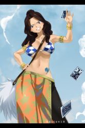 Rule 34 | 1girl, absurdres, armlet, bikini, bikini top only, bracelet, breasts, brown eyes, brown hair, cana alberona, card, fairy tail, gaston18, grin, highres, jewelry, large breasts, long hair, looking at viewer, midriff, navel, pants, smile, solo, swimsuit, tattoo, underboob