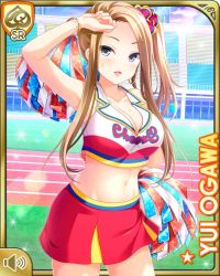 Rule 34 | 1girl, blonde hair, breasts, card, character name, cheerleader, girlfriend (kari), grey eyes, large breasts, long hair, midriff, navel, official art, ogawa yui (girlfriend kari), open mouth, outdoors, pom pom (cheerleading), qp:flapper, red neckwear, red skirt, school uniform, shirt, side ponytail, skirt, smile, solo, standing, tagme, white shirt, wiping forehead
