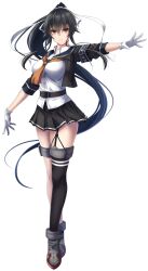 Rule 34 | 1girl, armband, asymmetrical legwear, black hair, black jacket, black sailor collar, black skirt, breasts, full body, gloves, hachiware (8ware63), hair ribbon, highres, jacket, kantai collection, large breasts, long hair, looking at viewer, neckerchief, orange neckerchief, outstretched arm, pleated skirt, ponytail, red eyes, ribbon, sailor collar, school uniform, serafuku, shirt, sidelocks, simple background, single thighhigh, skirt, solo, thighhighs, uneven legwear, white background, white gloves, white ribbon, white shirt, yahagi (kancolle), yahagi kai ni (kancolle)
