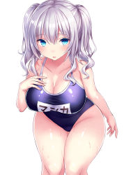 Rule 34 | 10s, 1girl, blue eyes, breasts, cleavage, competition school swimsuit, curvy, female focus, from above, hair between eyes, hand on own chest, highres, huge breasts, kantai collection, kashima (kancolle), long hair, looking at viewer, name tag, one-piece swimsuit, plump, school swimsuit, silver hair, simple background, solo, swimsuit, thick thighs, thighs, tsukumiya amane, twintails, two side up, wet, white background, wide hips