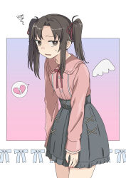 Rule 34 | 1girl, absurdres, angel, angel wings, black skirt, blue bow, bow, broken heart, brown eyes, brown hair, ennui orz, exhausted, heart, highres, looking at viewer, open mouth, original, pink shirt, red bow, shirt, skirt, solo, spoken heart, white background, wings