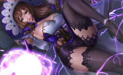 Rule 34 | 1girl, black gloves, black thighhighs, blush, breasts, brown hair, capelet, cleavage, genshin impact, gloves, green eyes, hat, high heels, large breasts, limgae, lips, lisa (genshin impact), long hair, looking at viewer, low tied hair, purple capelet, purple hat, smile, solo, strapless, thighhighs, thighs, vision (genshin impact), witch hat