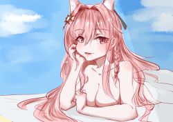 Rule 34 | 1girl, animal ears, arknights, blue sky, braid, breasts, chinese commentary, cloud, collarbone, commentary request, day, hair between eyes, hair intakes, hair ornament, hand up, head rest, large breasts, liufeng, long hair, looking at viewer, lying, nude, on stomach, outdoors, parted lips, partial commentary, pink eyes, pink hair, pozyomka (arknights), single braid, sky, smile, solo, wolf ears