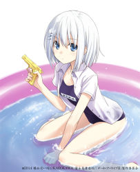 Rule 34 | 10s, 1girl, 2014, blue eyes, date a live, finger on trigger, gun, hair ornament, holding, holding gun, holding weapon, konoe (vis9191), looking at viewer, one-piece swimsuit, open clothes, open shirt, school swimsuit, shirt, short hair, silver hair, solo, swimsuit, tobiichi origami, water, water gun, weapon, white shirt
