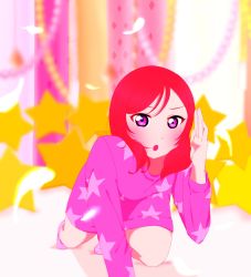 Rule 34 | 1girl, :o, artist name, artist request, bare legs, blush, breasts, feathers, female focus, full body, hair between eyes, highres, long sleeves, looking at viewer, love live!, love live! school idol festival, love live! school idol project, nishikino maki, pajamas, parted lips, pocket, purple eyes, purple pajamas, red hair, short hair, small breasts, smile, socks, solo, star (symbol), star print, white feathers