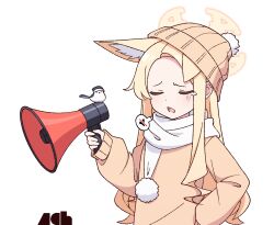 Rule 34 | 1girl, animal, animal ears, beanie, bird, blonde hair, blue archive, blush, closed eyes, fox ears, halo, hat, holding, holding megaphone, long hair, long sleeves, megaphone, nako775, open mouth, pom pom (clothes), scarf, seia (blue archive), shirt, simple background, solo, tears, white background, white bird, white scarf, yellow halo, yellow hat, yellow shirt