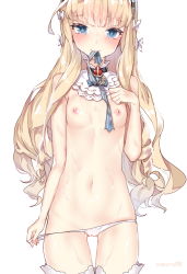 Rule 34 | 1girl, anparu, artist name, azur lane, bad id, bad pixiv id, bare arms, bare shoulders, blonde hair, blue eyes, blue ribbon, blunt bangs, blush, bow, breasts, closed mouth, commentary, detached collar, fang, hair bow, hairband, highres, lingerie, long hair, looking at viewer, lowleg, lowleg panties, mouth hold, multiple bows, navel, nipples, panties, panty pull, pulled by self, queen elizabeth (azur lane), ribbon, ribbon in mouth, simple background, small breasts, smile, stomach, symbol-only commentary, thigh gap, thighhighs, topless, underwear, very long hair, white background, white bow, white panties, white thighhighs