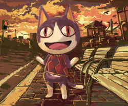 Rule 34 | akurahi, animal crossing, argyle, argyle clothes, argyle sweater, bench, bird, brick floor, building, cat, cloud, cloudy sky, full body, furry, furry male, looking at viewer, male focus, nintendo, open mouth, orange sky, outdoors, painterly, red eyes, rover (animal crossing), sky, sleeveless, sleeveless sweater, solo, standing, stone floor, sun, sunset, sweater, traffic light, utility pole