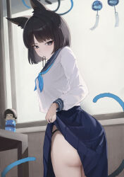 Rule 34 | 1girl, absurdres, animal ear fluff, animal ears, ass, black eyes, black hair, black panties, blue archive, blue halo, blue neckerchief, blue sailor collar, blue skirt, cat ears, cat tail, clothes lift, commentary request, doll, gmi (jimmyovob), halo, highres, indoors, kikyou (blue archive), lifted by self, long sleeves, looking at viewer, mouth hold, multiple tails, neckerchief, paid reward available, panties, pleated skirt, sailor collar, school uniform, shirt, short hair, skirt, skirt lift, solo, table, tail, twisted torso, two tails, underwear, white shirt, wind chime, window