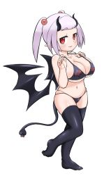 Rule 34 | 1girl, animal print, bare shoulders, bat print, bikini, black bikini, black thighhighs, blush, breasts, eo masaka, full body, hair bobbles, hair ornament, heart, heart-shaped pupils, horns, large breasts, looking at viewer, navel, oppai loli, original, pointy ears, red eyes, silver hair, simple background, skindentation, smile, solo, standing, standing on one leg, swimsuit, symbol-shaped pupils, tail, thighhighs, toe scrunch, twintails, white background, wings