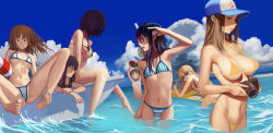 Rule 34 | 6+girls, absurdres, armpits, ball, baseball cap, beach, beachball, bikini, black bikini, black hair, blonde hair, blue headwear, blue sky, boat, book, breasts, brown eyes, brown hair, camera, closed eyes, closed mouth, cloud, commentary request, day, diving mask, expressionless, feet, flat chest, goggles, hat, highleg, highleg bikini, highres, holding, holding camera, inflatable raft, jumping, kudiramochi, large breasts, lifebuoy, long hair, looking to the side, medium breasts, multiple girls, navel, ocean, open mouth, original, outdoors, partially submerged, paw print, photoshop (medium), short hair, sitting, sky, slingshot swimsuit, small breasts, smile, snorkel, soaking feet, standing, strap gap, string bikini, striped bikini, striped clothes, sunglasses, swim ring, swimsuit, toes, wading, water, watercraft, waves, white bikini, yellow bikini