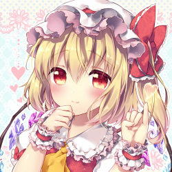 Rule 34 | 1girl, blonde hair, flandre scarlet, hat, heart, looking at viewer, mob cap, orange eyes, pinky out, riichu, smile, solo, touhou, wings, wrist cuffs