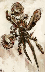 Rule 34 | 1girl, brown background, brown hair, circular saw, crown, cyberpunk, cyborg, expressionless, full body, gears, highres, lm7 (op-center), looking at viewer, machinery, mechanical, original, red eyes, red hair, saw, science fiction, short hair, simple background, sketch, solo, spikes