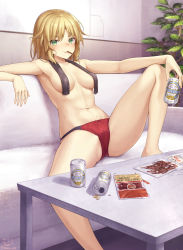Rule 34 | 1girl, alcohol, armpits, beef jerky, beer, beer can, black panties, blonde hair, blush, breasts, breasts apart, can, coffee table, convenient censoring, couch, drink can, eating, fate/apocrypha, fate/grand order, fate (series), food, fou (fate), fujimaru ritsuka (female), green eyes, hair down, highres, looking at viewer, mashuu (neko no oyashiro), medium breasts, mordred (fate), mordred (fate/apocrypha), navel, panties, red panties, short hair, sitting, solo, spread legs, table, topfreedom, topless, towel, towel around neck, towel over breasts, twitter username, underwear, underwear only, wet