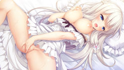 Rule 34 | 1girl, bed sheet, blue eyes, blush, braid, breasts, breasts out, censored, dress, female masturbation, fingering, french braid, game cg, grabbing own breast, highres, kimihara yua, large breasts, long hair, lying, masturbation, mikagami mamizu, mosaic censoring, nipples, official art, on back, open mouth, pieces / wataridori no somnium, pillow, pussy, solo, spread legs, white dress, white hair