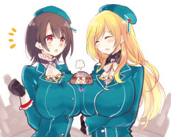 Rule 34 | &gt; &lt;, 10s, 3girls, aki (o2x x2o), atago (kancolle), bad id, bad pixiv id, between breasts, black hair, blonde hair, blush, breasts, brown hair, chibi, closed eyes, gloves, hat, heart, huge breasts, impossible clothes, kantai collection, multiple girls, open mouth, personification, red eyes, ryuujou (kancolle), sweatdrop, takao (kancolle), twintails, visor cap