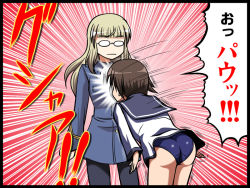 Rule 34 | 2girls, ass, blonde hair, brown hair, emphasis lines, glasses, hiro yoshinaka, military, military uniform, miyafuji yoshika, multiple girls, pantyhose, perrine h. clostermann, strike witches, swimsuit, swimsuit under clothes, translated, uniform, world witches series, yuri
