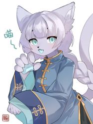 Rule 34 | 1girl, :3, animal ear fluff, animal ears, animal hands, animal nose, artist name, blue dress, blue eyes, blunt bangs, blush, braid, breasts, cat ears, cat girl, cat tail, china dress, chinese clothes, claw pose, dress, fangs, female focus, furry, furry female, hands up, happy, highres, japanese text, kawarage yatano, light blush, long hair, long sleeves, looking at viewer, open mouth, original, pawpads, purple hair, sidelocks, signature, simple background, small breasts, smile, solo, tail, tail raised, talking, translation request, twin braids, twintails, white background, wide sleeves