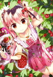 Rule 34 | 1girl, absurdres, arm up, basket, bow, bra, bra strap, breasts, cake, chair, cherry, cherry print, collarbone, copyright request, cup, day, dress, dress bow, food, food print, frilled dress, frilled ribbon, frilled socks, frills, from above, fruit, fujima takuya, grass, hair between eyes, hair ribbon, hand up, heart, heart necklace, highres, holding, holding basket, holding food, holding fruit, jewelry, kneehighs, knees together feet apart, leaf, long hair, looking at viewer, multicolored stripes, necklace, official art, outdoors, pink bow, pink bra, pink dress, pink hair, pink scrunchie, plaid, plaid scrunchie, plate, polka dot, polka dot bow, print dress, red eyes, ribbon, scan, scrunchie, short dress, small breasts, socks, solo, standing, striped ribbon, table, teacup, twintails, underwear, very long hair, white bow, white dress, white frills, white polka dots, wrist scrunchie