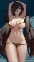 Rule 34 | 1girl, armpits, arms up, b.bor, bad id, bad pixiv id, bare arms, bare shoulders, bikini, breasts, brown eyes, brown hair, cleavage, collarbone, commentary request, covered erect nipples, cowboy shot, gold bikini, hair over one eye, height mark, highres, large breasts, lips, long hair, looking at viewer, lowleg, lowleg bikini, navel, original, parted lips, seductive smile, shiny clothes, smile, solo, standing, stomach, swimsuit, thigh gap, thighs, underboob, very long hair, yellow bikini