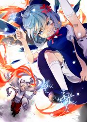 Rule 34 | 2girls, ahoge, anger vein, ankle ribbon, battle, bloomers, blue eyes, blue hair, bow, cirno, clenched teeth, dress, fiery background, fire, flying, from above, fujiwara no mokou, hair bow, hand up, highres, kneehighs, leg ribbon, leg up, light purple hair, long hair, looking at another, looking up, multiple girls, ofuda, pants, parted lips, red eyes, ribbon, shadow, short hair, short sleeves, sideways glance, skirt hold, snowflakes, socks, sofy, suspenders, tears, teeth, touhou, underwear, very long hair, wings