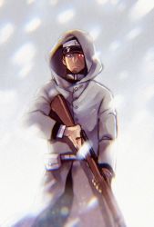 Rule 34 | 10s, 1boy, belt, black hair, blurry, cloak, closed mouth, commentary, die (f mega), facial hair, glowing, glowing eye, golden kamuy, gun, hat, holding, holding gun, holding weapon, hood, hood up, hooded cloak, looking at viewer, male focus, military, military hat, military uniform, outdoors, peaked cap, rifle, short hair, snow, snowing, solo, trigger discipline, tsukishima, uniform, weapon