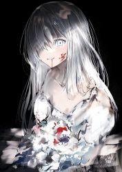 Rule 34 | 1girl, black background, blood, blood on face, commentary request, dress, flower, gawako, hair over one eye, highres, long hair, looking at viewer, original, parted lips, silver hair, simple background, solo, upper body, white dress, white eyes, white flower
