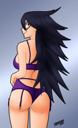 Rule 34 | 1girl, 2019, absurdres, armpits, arms at sides, artist name, ass, back, backboob, bare shoulders, barefoot, black hair, blue eyes, boku no hero academia, bra, breasts, chancero, domino mask, eyelashes, feet, female focus, from behind, garter belt, garter straps, gradient background, hair between eyes, highres, large breasts, legs, legs together, lingerie, long hair, looking at viewer, looking back, mask, midnight (boku no hero academia), midriff, mole, mole under eye, neck, panties, purple bra, purple garter belt, purple garter straps, purple panties, red mask, seductive smile, shiny skin, simple background, smile, solo, spiked hair, standing, thighs, thong, turning head, underwear, underwear only, very long hair