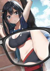Rule 34 | 1girl, :o, ?, black hair, blue sky, breasts, brick wall, cleavage, cloud, cloudy sky, collarbone, commentary, glasses, grey eyes, highres, large breasts, pantyhose under shorts, long hair, looking at viewer, love live!, love live! nijigasaki high school idol club, midriff, navel, one side up, panties, pantyhose, pov, sasanon (sasapoliton), short shorts, shorts, sidelocks, sky, solo, split, sports bra, standing, standing on one leg, standing split, textless version, underwear, upper body, x-ray glasses, x-ray vision, yuki setsuna (love live!)