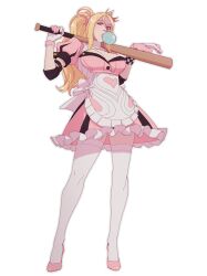 Rule 34 | 1girl, bad girl, baseball bat, blonde hair, blue eyes, breasts, blowing bubbles, cleavage, commentary, crown, dress, elbow pads, full body, hanpetos, heart, high heels, large breasts, long hair, no more heroes, pink dress, ponytail, puffy short sleeves, puffy sleeves, short dress, short sleeves, solo, thighhighs, tilted headwear, travis strikes back: no more heroes, two-tone gloves, wavy hair, white thighhighs, wristband
