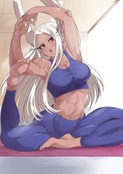Rule 34 | 1girl, abs, absurdres, animal ears, armpits, bare shoulders, barefoot, blue pants, blue sports bra, boku no hero academia, breasts, dark-skinned female, dark skin, exercise, feet, flexible, hands up, highres, large breasts, long eyelashes, looking at viewer, mirko, muscular, muscular female, navel, omanju25, open mouth, own hands together, pants, parted bangs, rabbit ears, rabbit girl, red eyes, solo, sports bra, stomach, straight hair, sweat, white hair, yoga, yoga pants