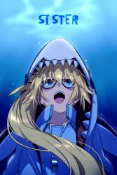 Rule 34 | 1girl, blonde hair, blue eyes, breasts, echo (circa), fate/grand order, fate (series), high ponytail, jacket, jaws (movie), jeanne d&#039;arc (fate), jeanne d&#039;arc (swimsuit archer) (fate), jeanne d&#039;arc (swimsuit archer) (second ascension) (fate), large breasts, long hair, one-piece swimsuit, open mouth, shark, smile, solo, swimsuit, underwater, very long hair, white jacket, white one-piece swimsuit