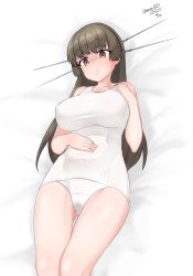 Rule 34 | 1girl, absurdres, black hair, breasts, choukai (kancolle), cowboy shot, dated, empty eyes, headgear, highres, kantai collection, large breasts, long hair, looking at viewer, lying, maru (marg0613), no eyewear, one-hour drawing challenge, one-piece swimsuit, red eyes, rimless eyewear, school swimsuit, solo, swimsuit, twitter username, white one-piece swimsuit